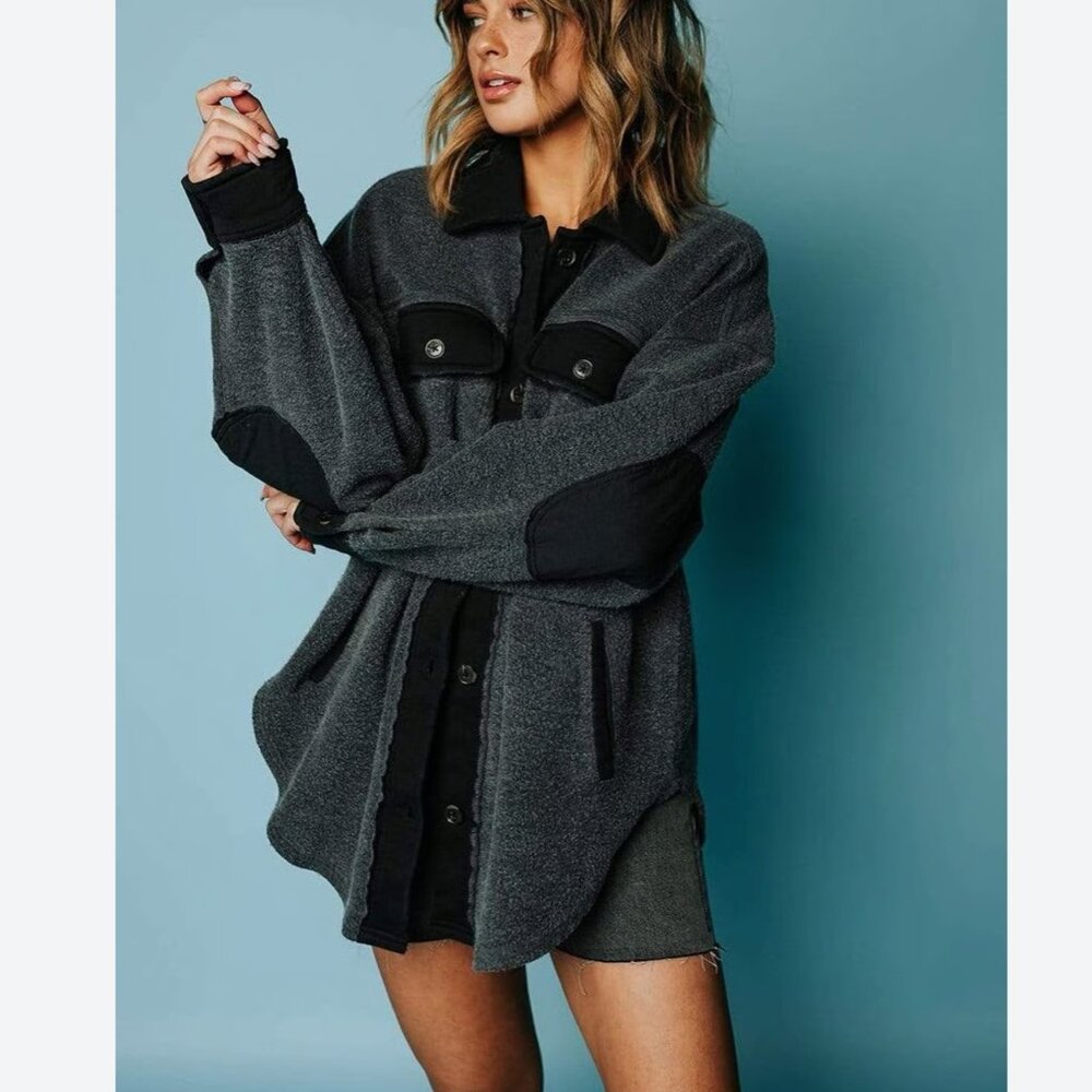 Free People Ruby Jacket Washed Black Gray Button Up Shacket OB1034245 XS
